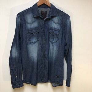 DNMX Denim Shirt Mens Large Blue Long Sleeve Faded Western Workwear Pearl Snap